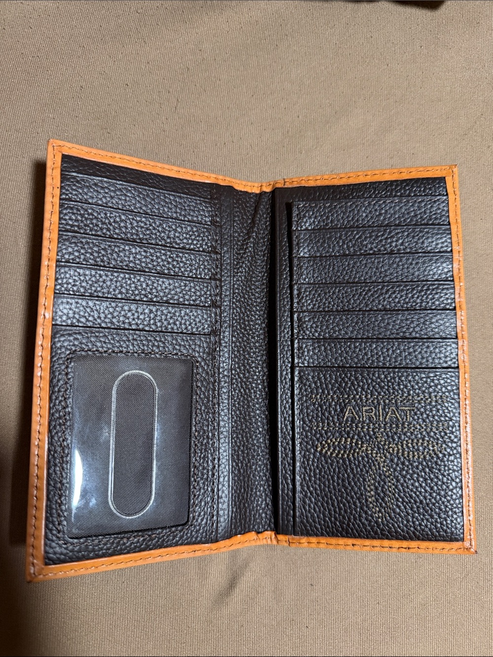 Ariat Dark Brown Leather Trifold Wallet with Orange Trim